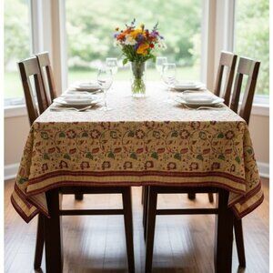 Vintage Handprint Yellow Floral Paisley Tablecloth Hand Block Cottagecore 90s‎